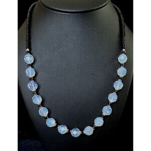 Vintage Black & Opalite Glass Bead Necklace Sterling 925 Faceted Beaded